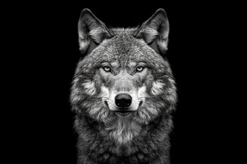 Front view of Wolf isolated on black background. Black and white portrait of wolf © Vikarest