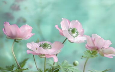 Fototapeta premium Soft pink anemone flowers outdoors in summer spring close-up on turquoise background with soft selective focus. which is very beautiful
