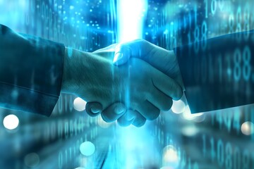Handshake between business professionals overlaid with digital elements and binary code