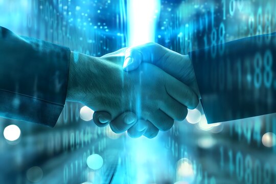 Handshake between business professionals overlaid with digital elements and binary code