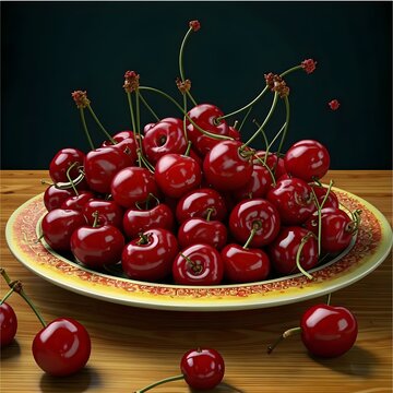 ripe cherries on a beautiful tray, on a wooden table, on a dark background