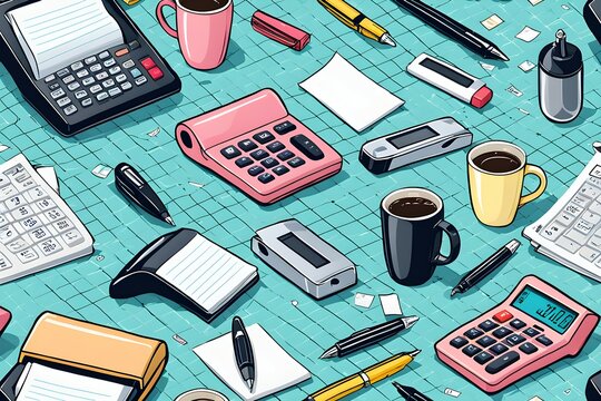 A colorful drawing of a desk with a variety of office supplies including a calcu