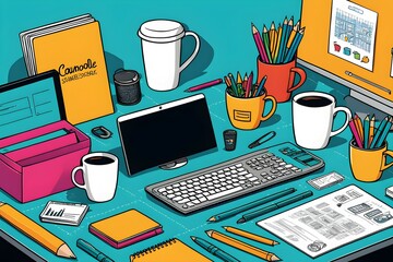 A colorful desk with a laptop, keyboard, and a few cups of coffee