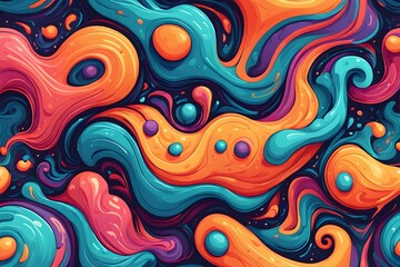 A colorful abstract painting with a blue and orange swirl