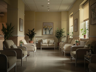 Fototapeta premium Cozy waiting room with comfortable chairs, potted plants, framed artwork, well-lit with natural light from windows.