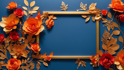 dark blue background with a gold frame in the center.