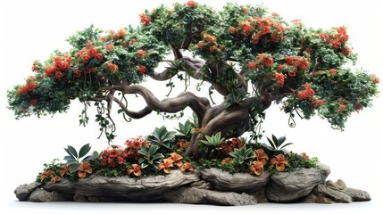 A vibrant jungle scene with a massive ancient tree, dangling vines, and diverse tropical flowers, all isolated on a transparent background.