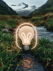 Description:Glowing light bulb on grass near flowing stream with mountains in the background.