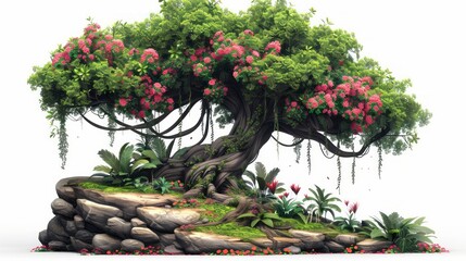 A vibrant jungle scene with a massive ancient tree, dangling vines, and diverse tropical flowers, all isolated on a transparent background.