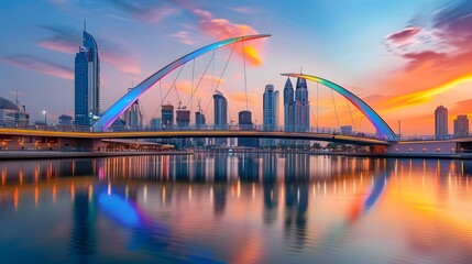 Dubai water canal at sun rise and colorful bridge as viewed Dubai, United Arab Emirates