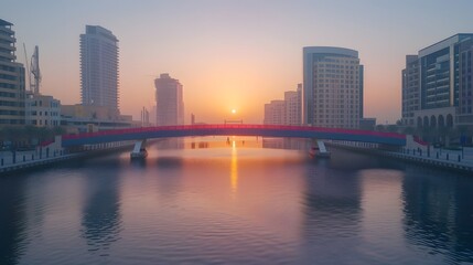 Fototapeta premium Dubai water canal at sun rise and colorful bridge as viewed Dubai, United Arab Emirates