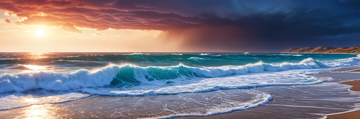 A serene beach scene at sunset, with the sky painted in hues of orange and blue, and the ocean's waves gently lapping against the shore.