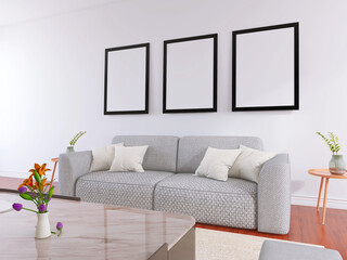 Modern Interior with Wall Poster Frame Mockup and Beautiful Decor. 3D render