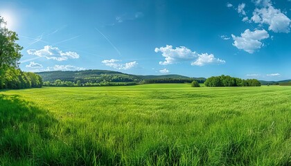 tranquil green grass field with blue sky and blurry trees summer panorama