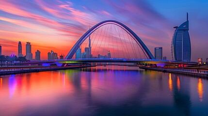 Obraz premium Dubai water canal at sun rise and colorful bridge as viewed Dubai, United Arab Emirates
