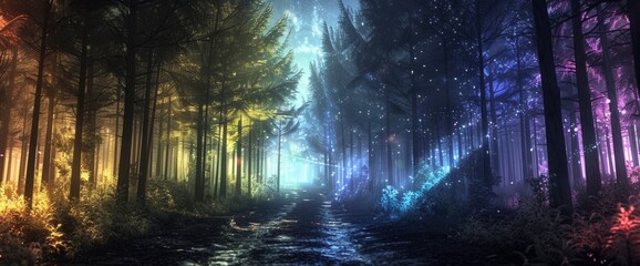 Abstract Enchanted Forest With Holographic Lights, Background