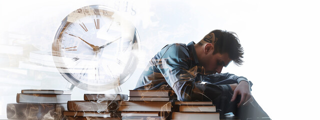 A stressed, frazzled male student, books strewn around him, as a clock looms ominously, hinting at the overwhelming pressures of academic life.