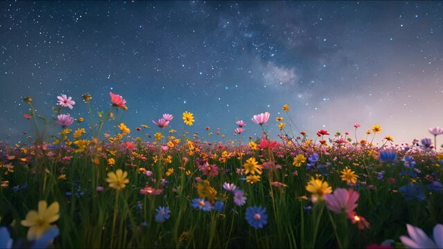 A field of flowers at night, with a starry sky above.