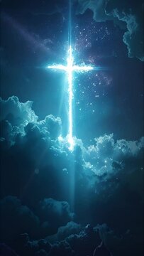 A glowing cross in the night sky over a mountain range.