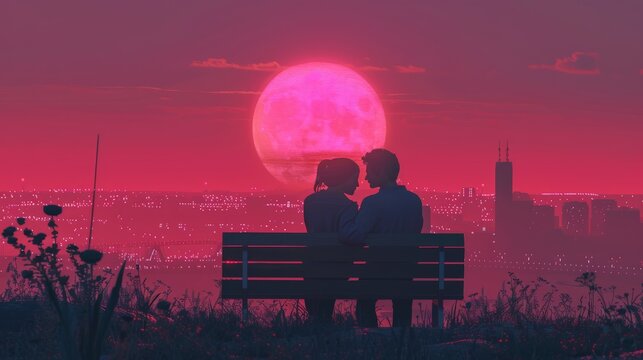 Image of a couple on a city bench watching sunset flat design top view urban romance theme 3D render Monochromatic Color Scheme