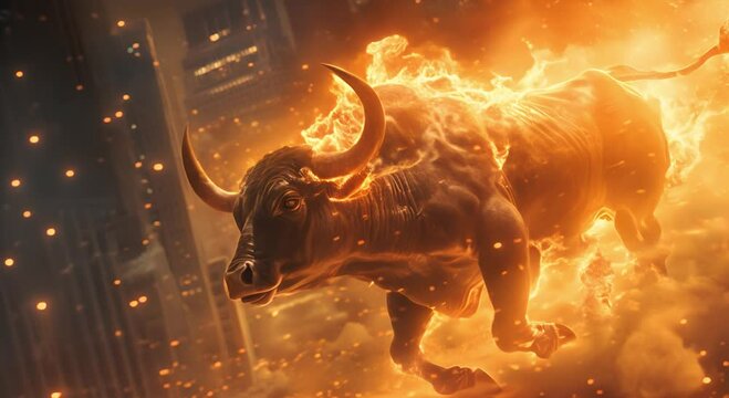 A photo of a bull made of fire running through a city street with skyscrapers on either side