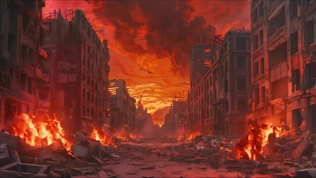 A post-apocalyptic city with a red sky and ruined buildings.
