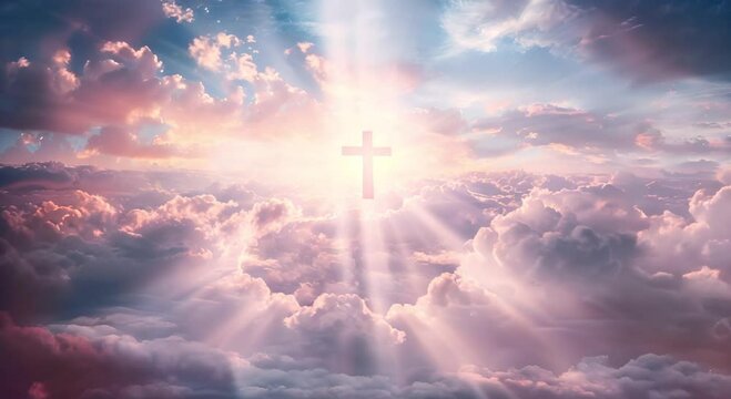 A photo of the crucifixion of Jesus Christ. The sky is orange and the clouds are pink and purple.