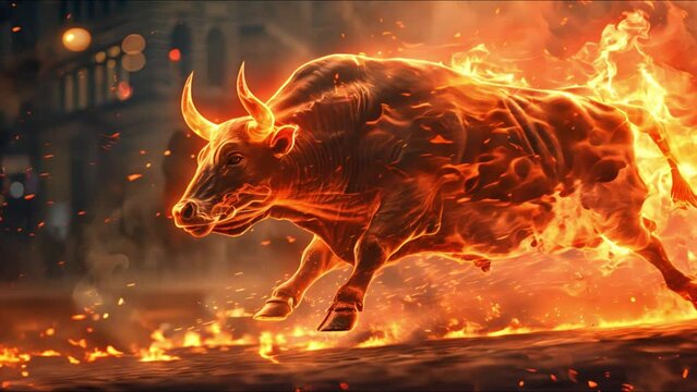  powerful bull engulfed in flames charges forward, symbolizing strength, energy, and unstoppable force