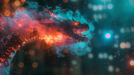 A dragons fiery breath engulfs a building in a realistic holographic display leaving viewers in awe.