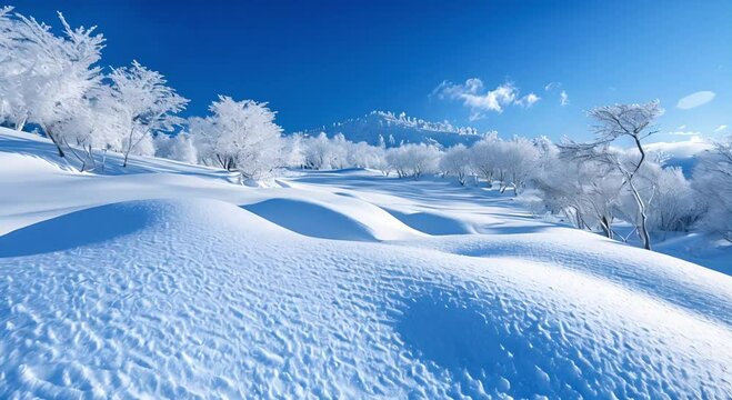 A vast snow-covered landscape with snow-covered trees and blue sky