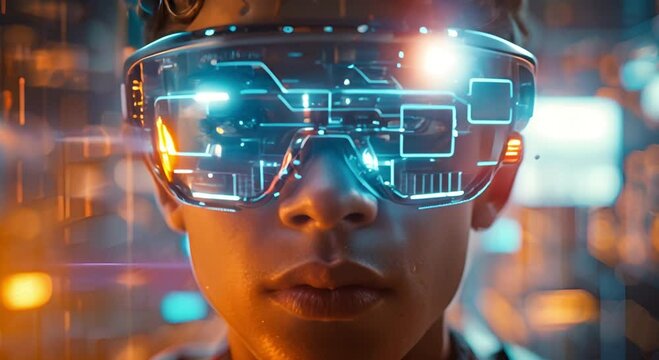 A young person wearing virtual reality glasses is looking at a futuristic city.