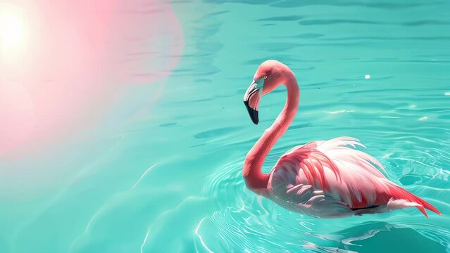 Vibrant pink flamingo gracefully floats on turquoise water under sunlight