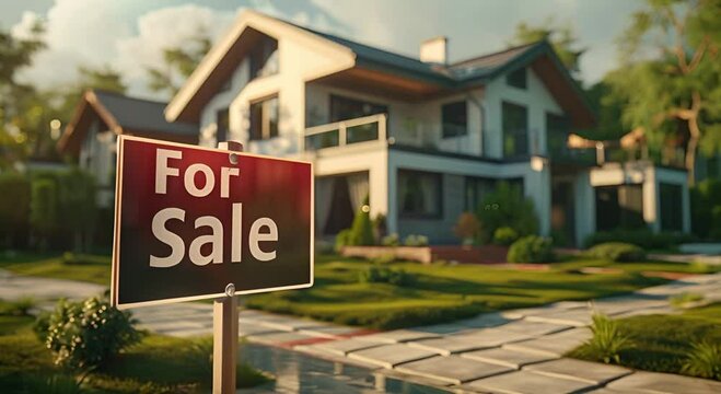 Create a realistic image of a 'For Sale' sign in front of a modern house with a beautiful yard and blue sky in the background
