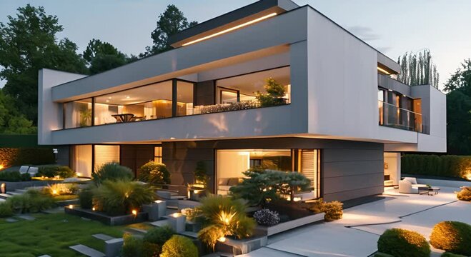 Design a modern house with a lot of glass and a flat roof. The house should be surrounded by trees and have a beautiful garden.