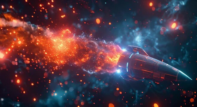spaceship streaks through the stars and leaves a trail of fire behind it