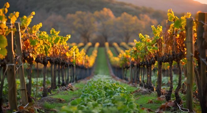Rows of grape vines in a lush, green vineyard during the fall season, with the sun rising in the background
