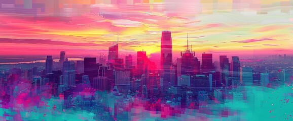 Abstract Cityscape With Glitch Art Effects, Background