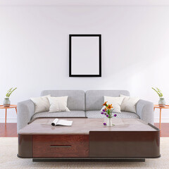 3D Rendered Living Room  Wall Poster Frame Mockup. 3D Render