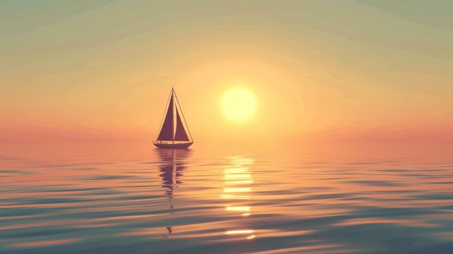 Image of a sailboat on a calm sea at sunset flat design top view serene sailing theme animation Tetradic color scheme