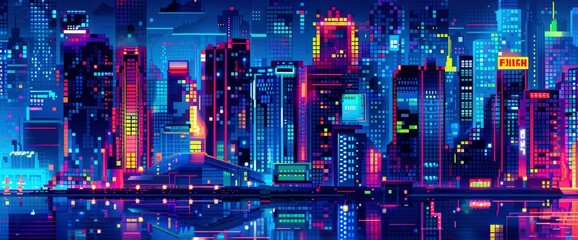 Abstract Cityscape With Pixel Art Buildings, Background