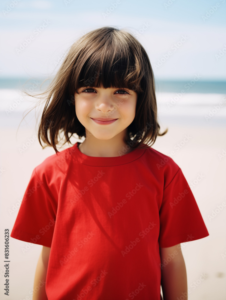 Poster Young girl child kid on beach red tee tshirt, t-shirt, mockup mock up, mock-up