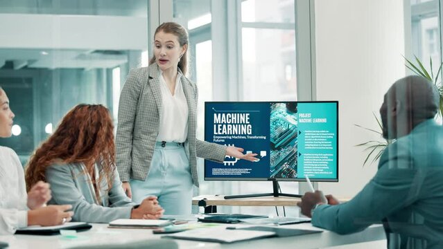Meeting, training and machine learning presentation with business people in boardroom of office. AI development, education and screen with corporate employee speaking to staff team in workplace