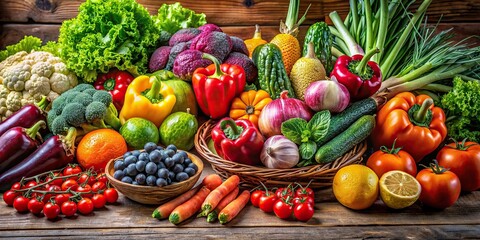 Colorful assortment of fresh fruits and vegetables on a wooden table