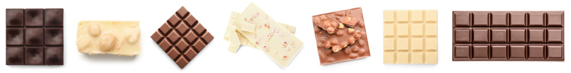 Set of tasty chocolate on white background, top view