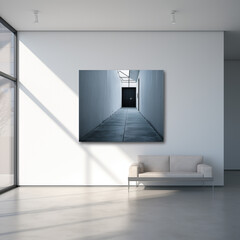 Modern empty long corridor interior with dark door at the end of the hall vanishing point perspective