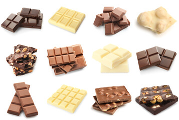 Collage of tasty chocolate on white background