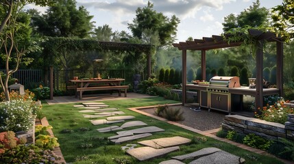 Obraz premium An exterior kitchen in modern style sitting planning , outdoor sofas, and large windows 