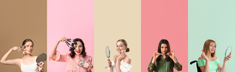 Collage of young women with makeup cosmetics on color background