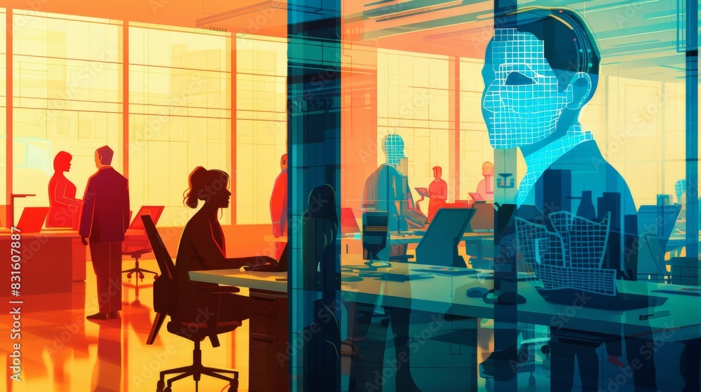 Aufkleber Modern office setting with employees interacting through digital projections and transparent screens. Represents surveillance and tech-driven workspaces.