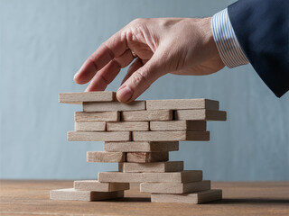Hand in suit placing wooden block on precarious stack, symbolizing risk and strategy in business.